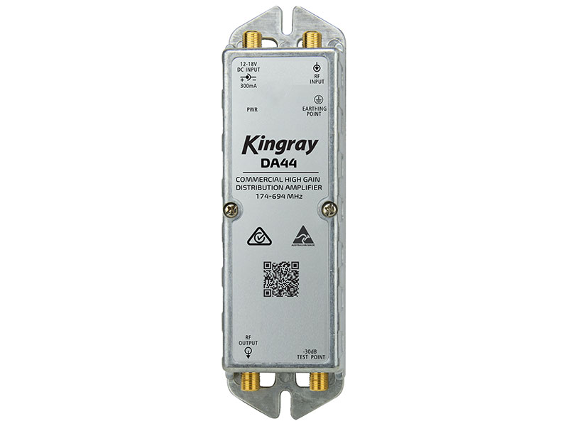 The Kingray DA44 Distribution Amplifier is a 43dB High Gain VHF UHF Wideband TV distribution RF Signal Booster Amplifier